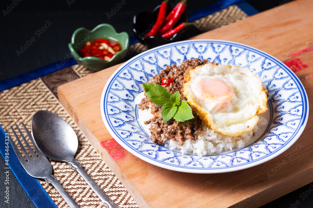 Thai Food concept Khao pad krapow rice and minced beef Thai holy basil ...