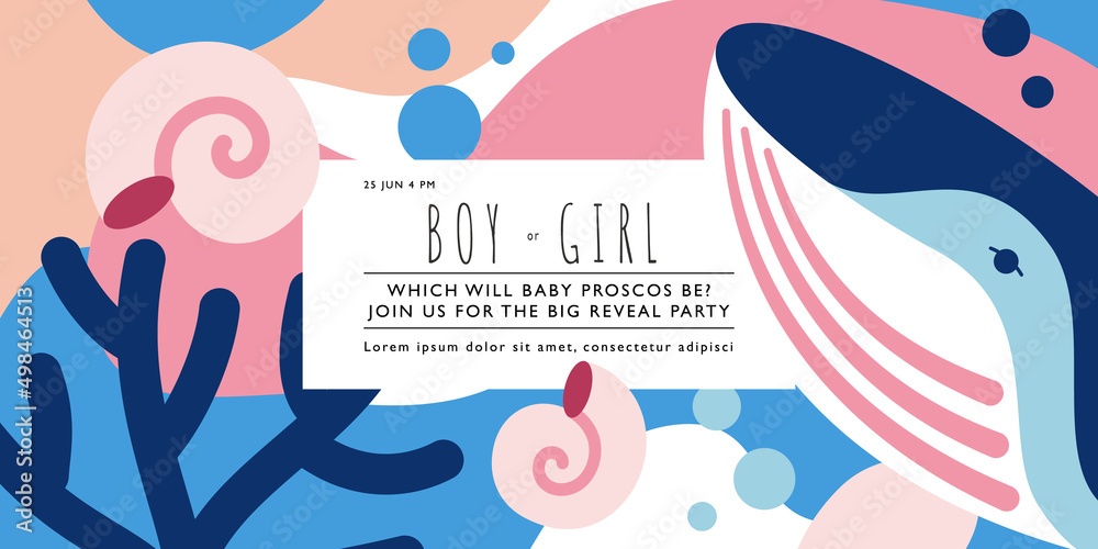 Boy or girl. Invitation template with sexual revelation design. He or she. Horizontal banner with whale on geometric background with marine life. Vector illustration