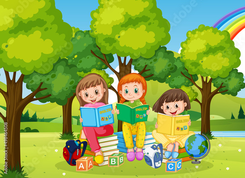 Children reading books in park background