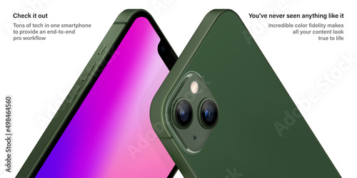 smartphone frameless green color with colorful screen saver front and backside view isolated on white background. mockup of realistic new mobile phone with shadow. vector 3d isometric illustration