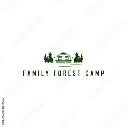 An illustration of a line art cabin in the forest with pine trees applied for a house in the wood on the lake or cabin rent logo design inspiration