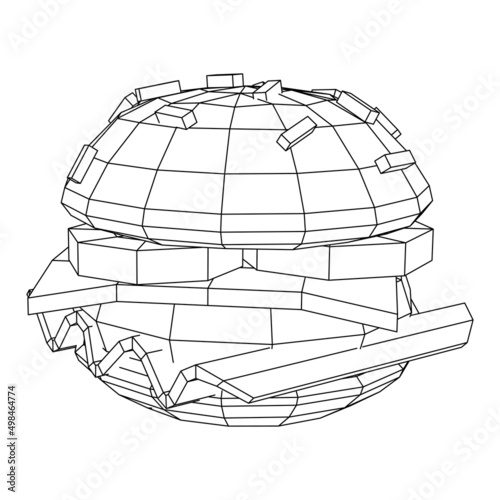 Hamburger or cheeseburger with cutlets, cheese, tomatoes, and other. Wireframe low poly mesh vector illustration.