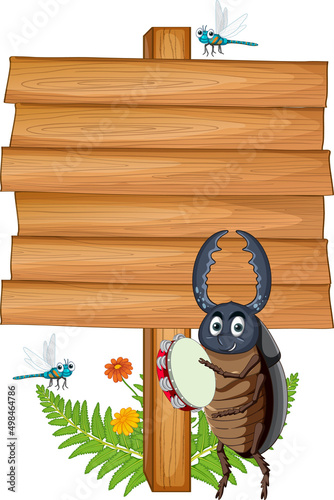 Blank wooden signboard with beetle cartoon