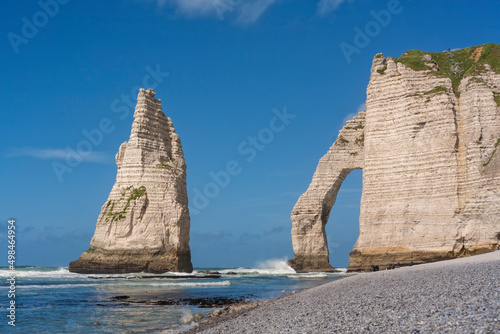 Pinnacle rock and natural arch at Etretat, France