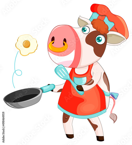 Cow cartoon character cooking breakfast