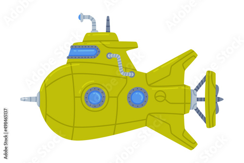 Green Submarine Watercraft Swimming Underwater Vector Illustration