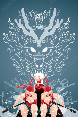 Vector of men rowing boat. With a fierce dragon's face as background.