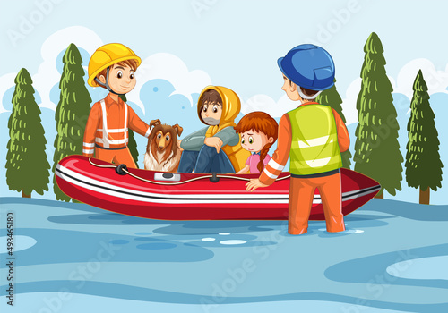 Flood survivors sitting in inflatable boat rescued