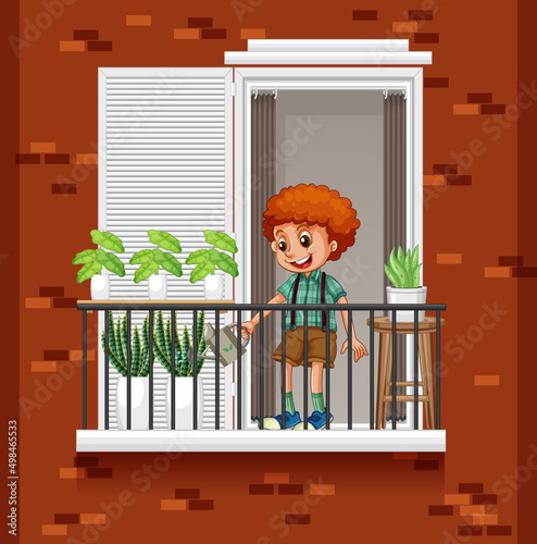 A boy watering plant on the balcony