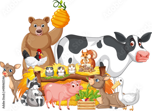 Many farm animals by the fence