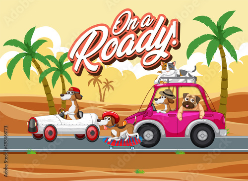 Dogs and cat driving a car with one roady text on beach street