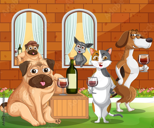 Outdoor scene with cats and dogs at wine party