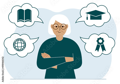 Happy grandmother with thoughts about learning. Internet profession, higher education, stock exchange, financial literacy. Various icons about education.