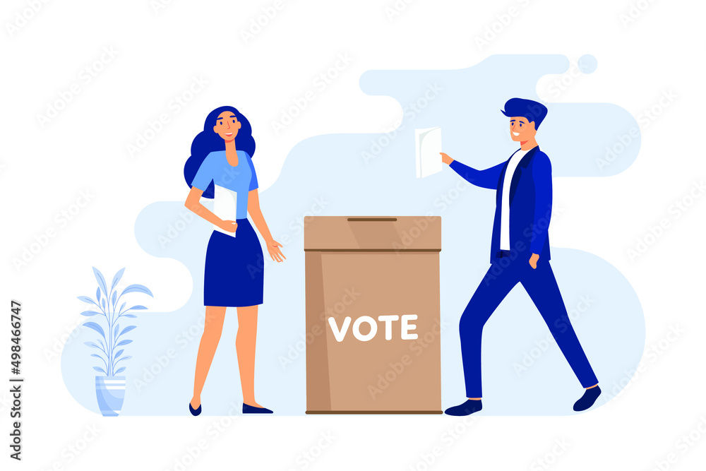 Voter holding paper voting ballot in hand for election. People standing at vote box flat vector illustration. Democracy, referendum choice concept for banner, website design or landing web page Voter holding paper voting ballot in hand for election. People standing at vote box flat vector illustration. Democracy, referendum choice concept for banner, website design or landing web page