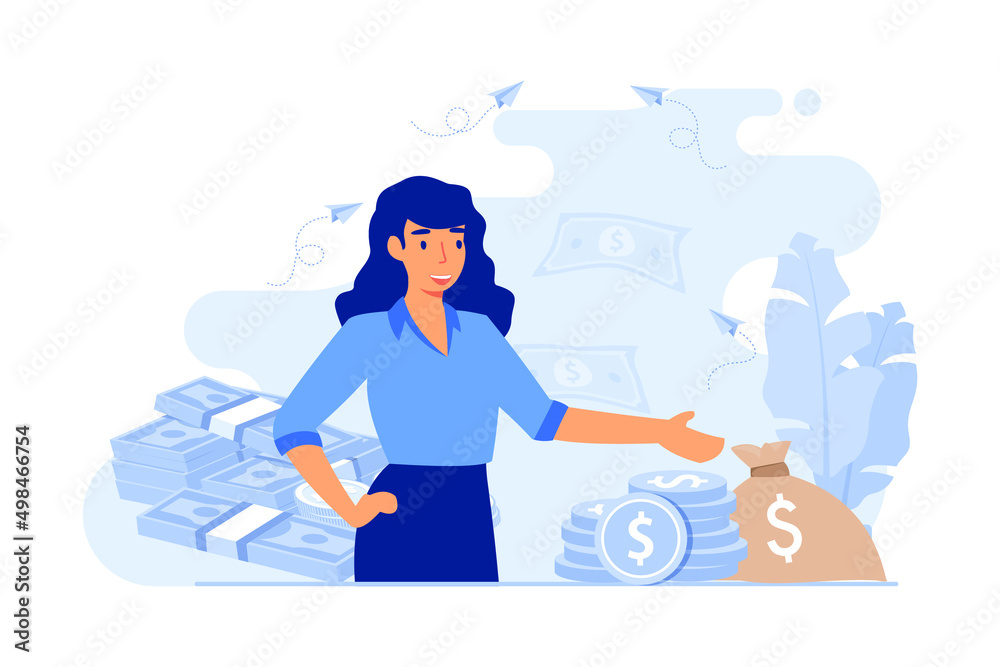 Banker offering loan. Investor or entrepreneur getting income. Woman with heap of cash, sack and wallet. Vector illustration for finance, money, financial success, profit, business concept