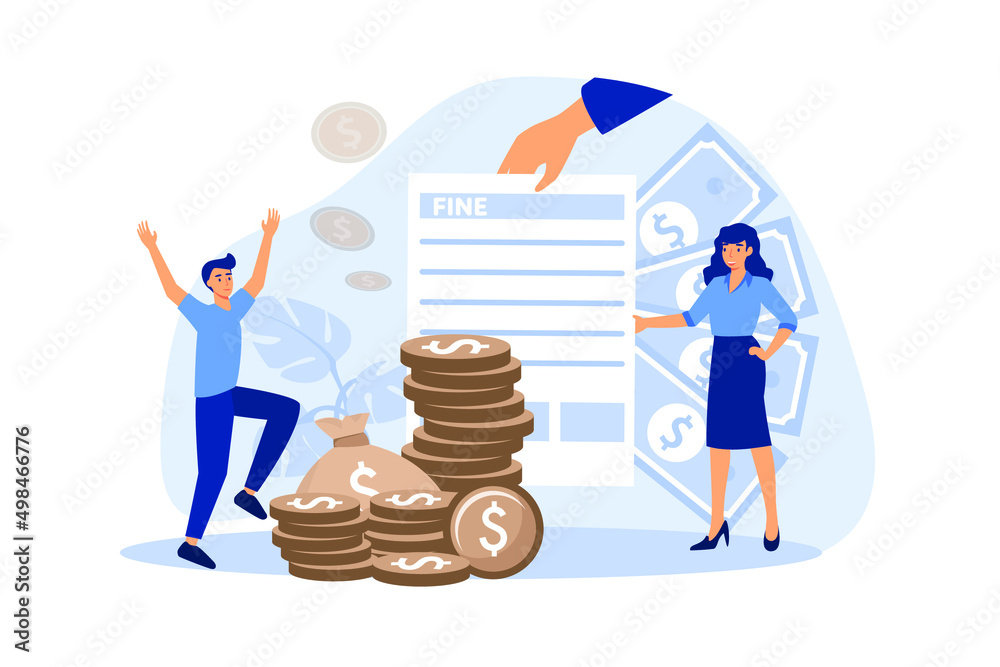 Tiny people getting paper sheet with fine flat vector illustration. Cartoon characters paying traffic bill, municipal tax or parking fee as penalty from police. Financial mulct or punishment concept - obrazy, fototapety, plakaty 