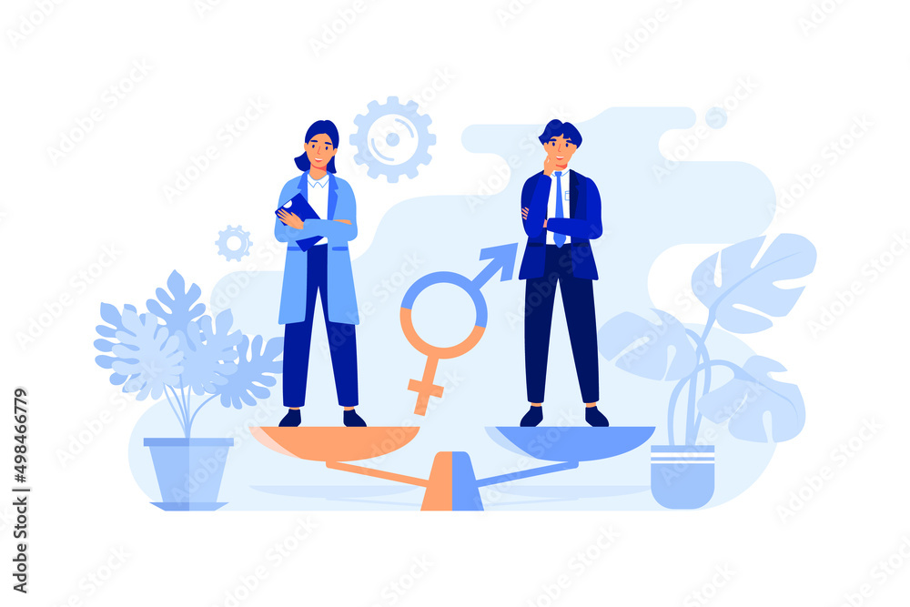 Gender equality concept. Equal business man and woman on balance scale. Male and female employees with equal career opportunities. Workforce without gender discrimination Gender equality concept. Equal business man and woman on balance scale. Male and female employees with equal career opportunities. Workforce without gender discrimination