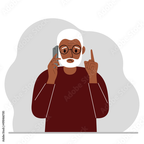 Sad grandfather talking on a cell phone with emotions. One hand with the phone the other with a forefinger up gesture.