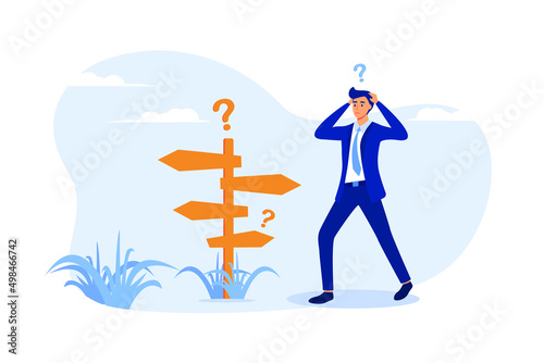 Pensive businessman making decision. Man in office suit standing at road direction signs. Vector illustration for opportunity, solution, idea concept