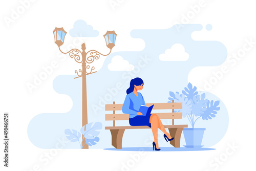 Woman sitting on bench and reading book. Park, city, relaxation flat vector illustration. Weekend and nature concept for banner, website design or landing web page