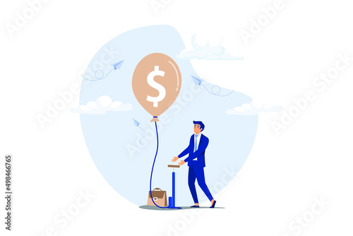 Investment bubble causing financial crisis, overvalued stock market or money inflation concept, businessman investor pumping air into big floating balloon with US Dollar money sign ready to burst.