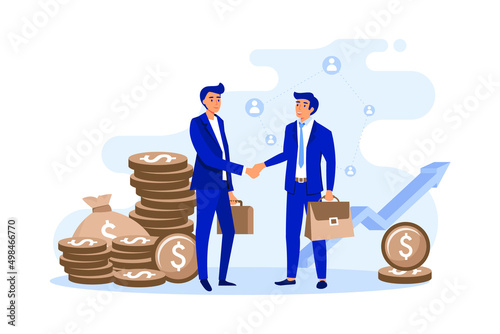 Two business partners handshaking flat vector illustration. Cartoon businessmen concluding agreement for success. Partnership, teamwork and negotiation concept