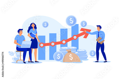Startup managers presenting and analyzing sales growth chart. Group of workers with heap of cash, rocket, bar diagrams with arrow and heap of money. For business success, marketing, profit concepts