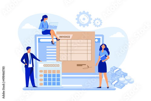 Tiny people preparing invoice on computer isolated flat vector illustration. Cartoon accountants creating reports about VAT, payroll and paid money. Online payment and accounting concept
