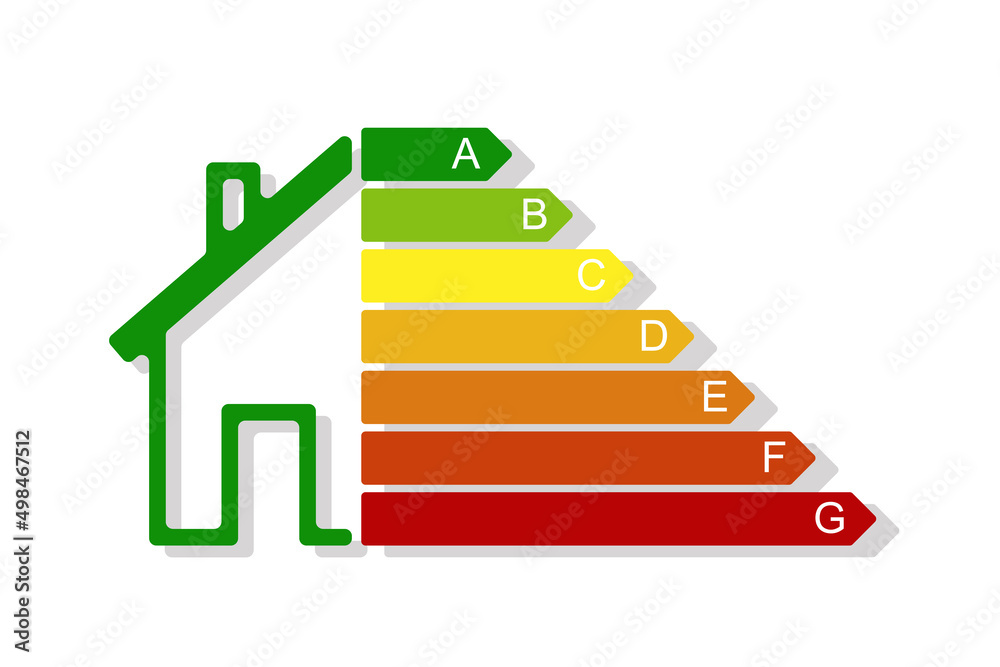 Housing energy efficiency rating certification system. Energy class concept with house and consumption bar. Graphic certification system element. Eco chart Housing energy efficiency rating certification system. Energy class concept with house and consumption bar. Graphic certification system element. Eco chart