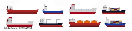 Set of ships and tankers different formy on white background. Vector illustration of transport for transportation, logistic in flat style.