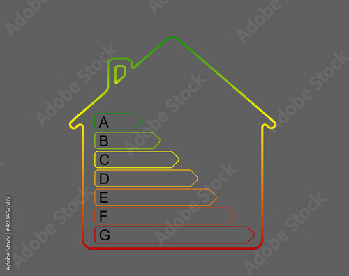 Housing energy efficiency rating certification system. Energy class concept with house and consumption bar. Graphic certification system elementon on dark background. Eco chart