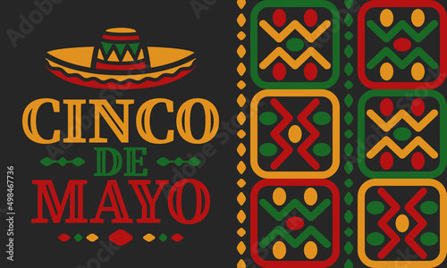 Cinco de Mayo in Mexico. Traditional mexican fiesta in May. National happy holiday with carnival, festival and parade. Latin american and spanish pattern. Illustration with sombrero. Vector poster