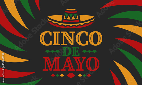Cinco de Mayo in Mexico. Traditional mexican fiesta in May. National happy holiday with carnival, festival and parade. Latin american and spanish pattern. Illustration with sombrero. Vector poster