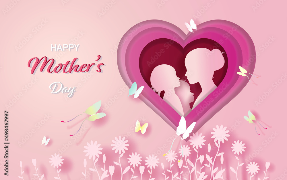 Happy Mother's Day with women, children, butterfly and flowers,  Mother and children, Happy celebration Mothers Day with paper cut, paper art, Vector illustration template design in pink background.