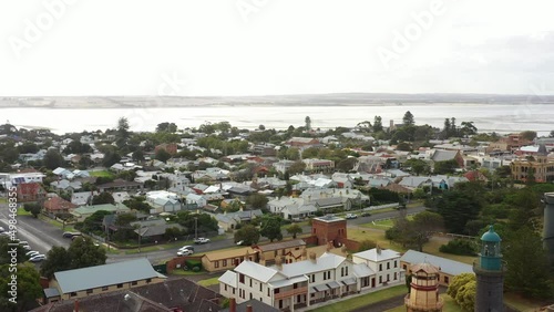 AERIAL Historic Costal Australian Village WIth Queenscliff Fort And Lighthouse photo