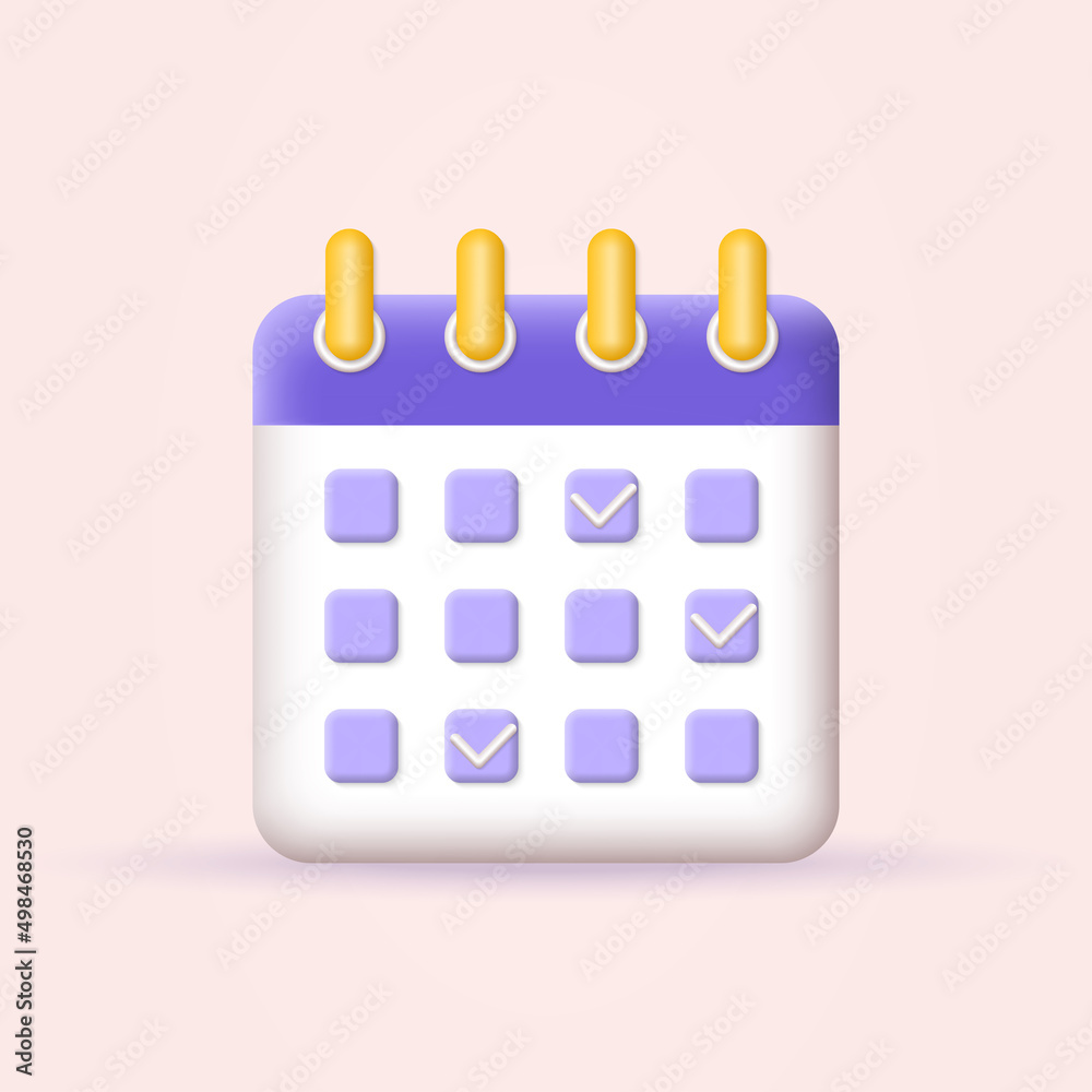 Calendar 3d icon. Date, agenda, plan concept. Schedule, reminder design with check marks. Vector illustration. Calendar 3d icon. Date, agenda, plan concept. Schedule, reminder design with check marks. Vector illustration.