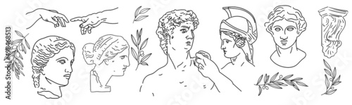 Greek ancient sculpture set. Vector hand drawn illustrations of antique classic statues in trendy bohemian style.