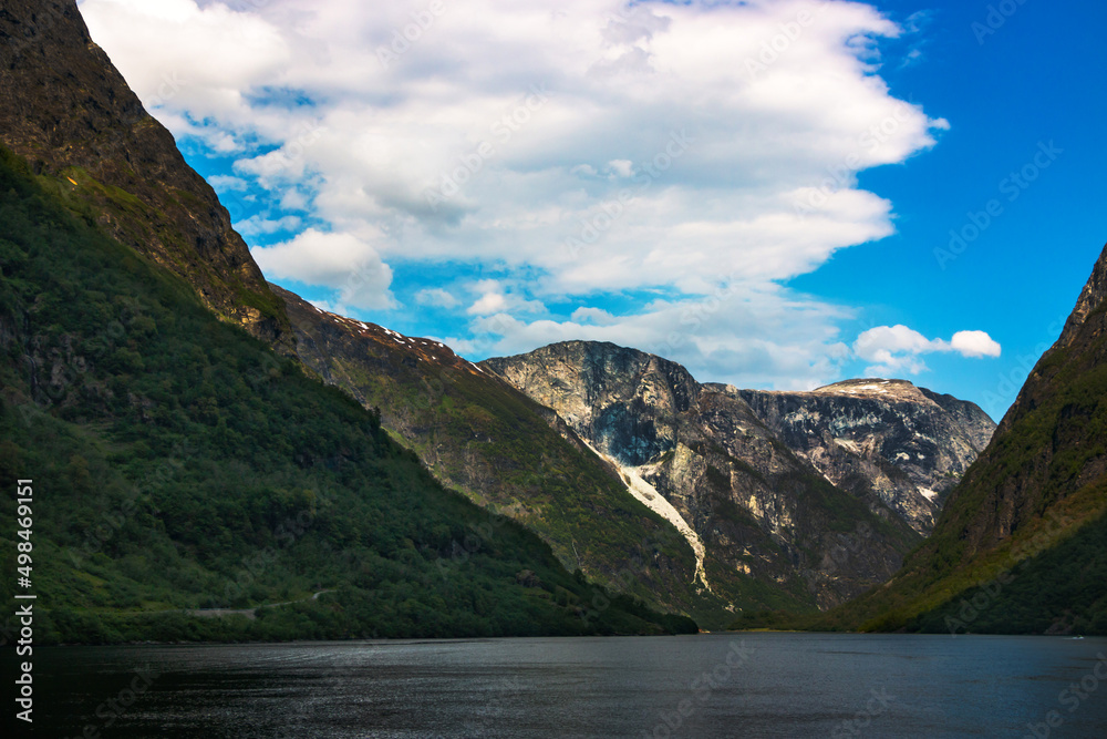 Amazing beautiful view of the Aurlandsfjord in Norway Scandinavia with snow mountains and colorful fjord