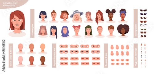 Woman avatars face constructor. Female character kit for creation, construction of different hairstyles, skin, eyes, lips, accessories. Colored flat vector illustration isolated on white background