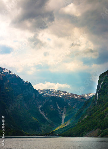 Amazing beautiful view of the Aurlandsfjord in Norway Scandinavia with snow mountains and colorful fjord