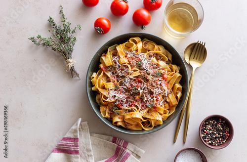 Pasta tagliatelle with bolognese sauce. Italian cuisine. Traditional recipe.