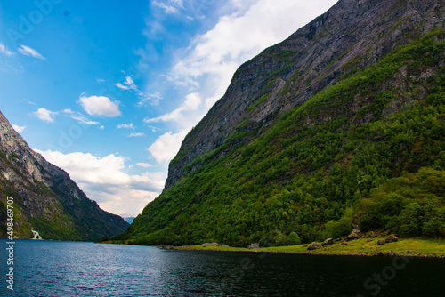 Amazing beautiful view of the Aurlandsfjord in Norway Scandinavia with snow mountains and colorful fjord