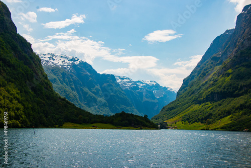 Amazing beautiful view of the Aurlandsfjord in Norway Scandinavia with snow mountains and colorful fjord