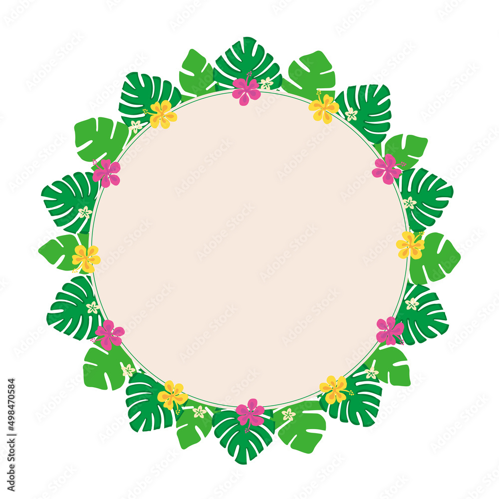 夏のイメージのバナー素材　花輪　プルメリアの花とモンステラの葉のイラスト　テキストスペース