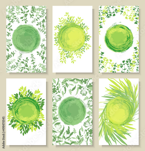 A colorful set of background images with grass and greenery. Bright, colorful hand drawing. 
Vector for menu, restaurant, food and kitchen design.