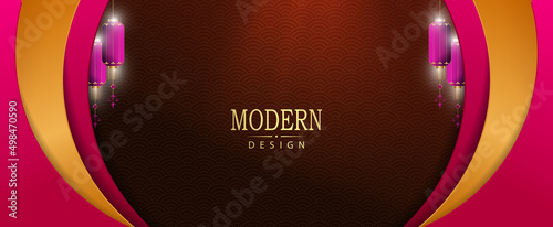 Brown composition with oval red curtains, hanging lanterns isolated