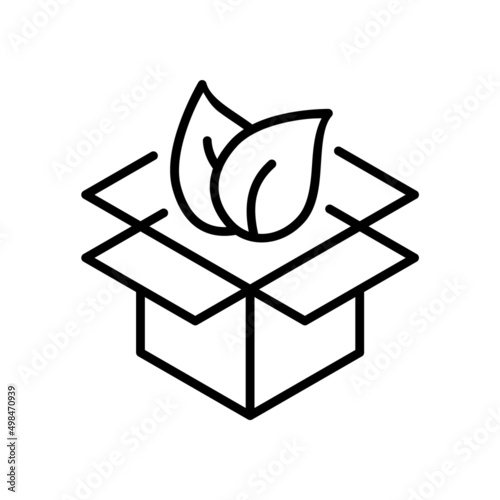 Biodegradable packaging line icon. Cardboard box with leaves outline. Environmental friendly package. Sustainable packaging. Recycled compostable materials symbol. Vector illustration, clip art. 