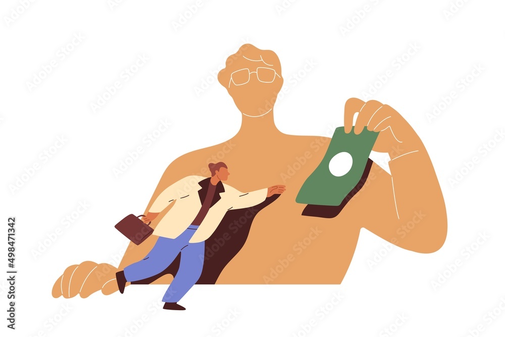 Money manipulation concept. Greedy employee slave aspiring, chasing for dollar. Employer boss manipulating, controlling with financial motivation. Flat vector illustration isolated on white background
