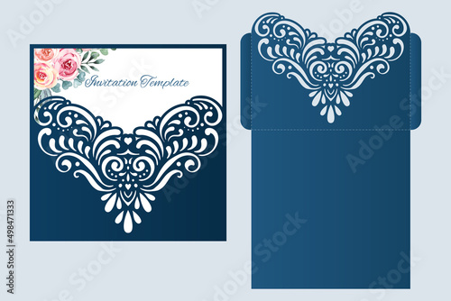 Wedding invitation laser cut template, square pocket envelope, vector.