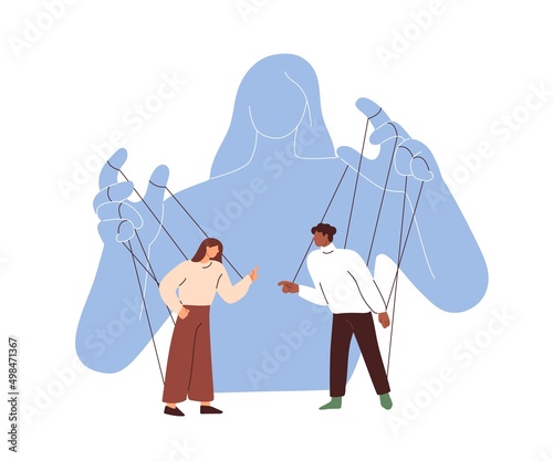 Master creates conflict tension between marionettes attached to strings. Manipulation concept. Manipulating, controlling behavior, pitting people. Flat vector illustration isolated on white background